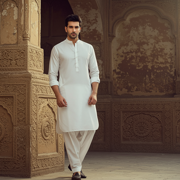 Unstitched Egg White Wash & Wear Shalwar Kameez Fabric